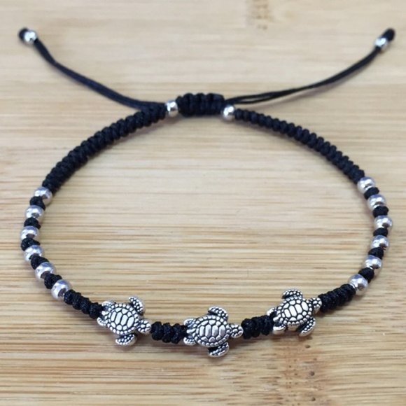 Braided Silver Turtle Black String Adjustable Bracelet - Picture 1 of 3